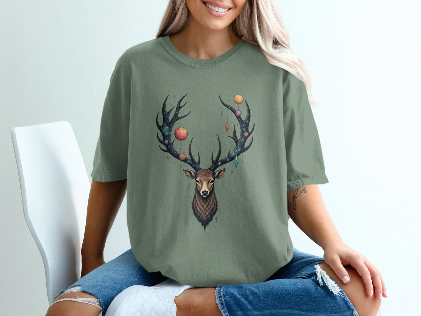 Deer With Planets on Antlers Graphic Style Art T-Shirt - IconVexa