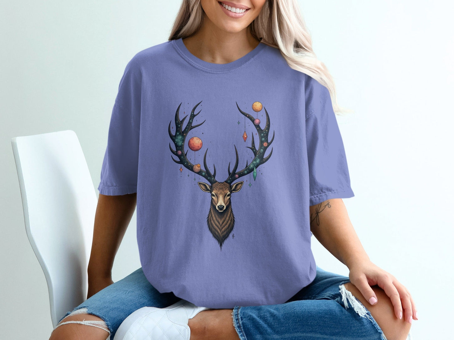 Deer With Planets on Antlers Graphic Style Art T-Shirt - IconVexa
