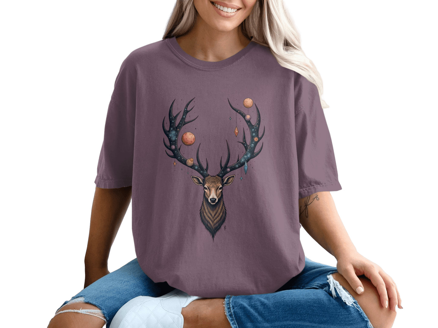 Deer With Planets on Antlers Graphic Style Art T-Shirt - IconVexa