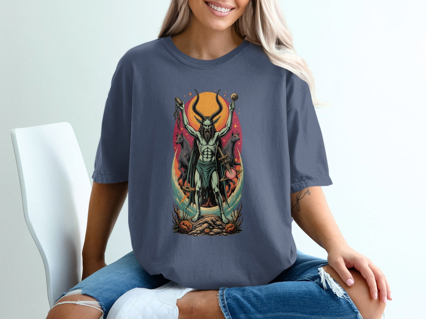 Demon With Dogs In front of Sunset Graphic Print T-Shirt - IconVexa