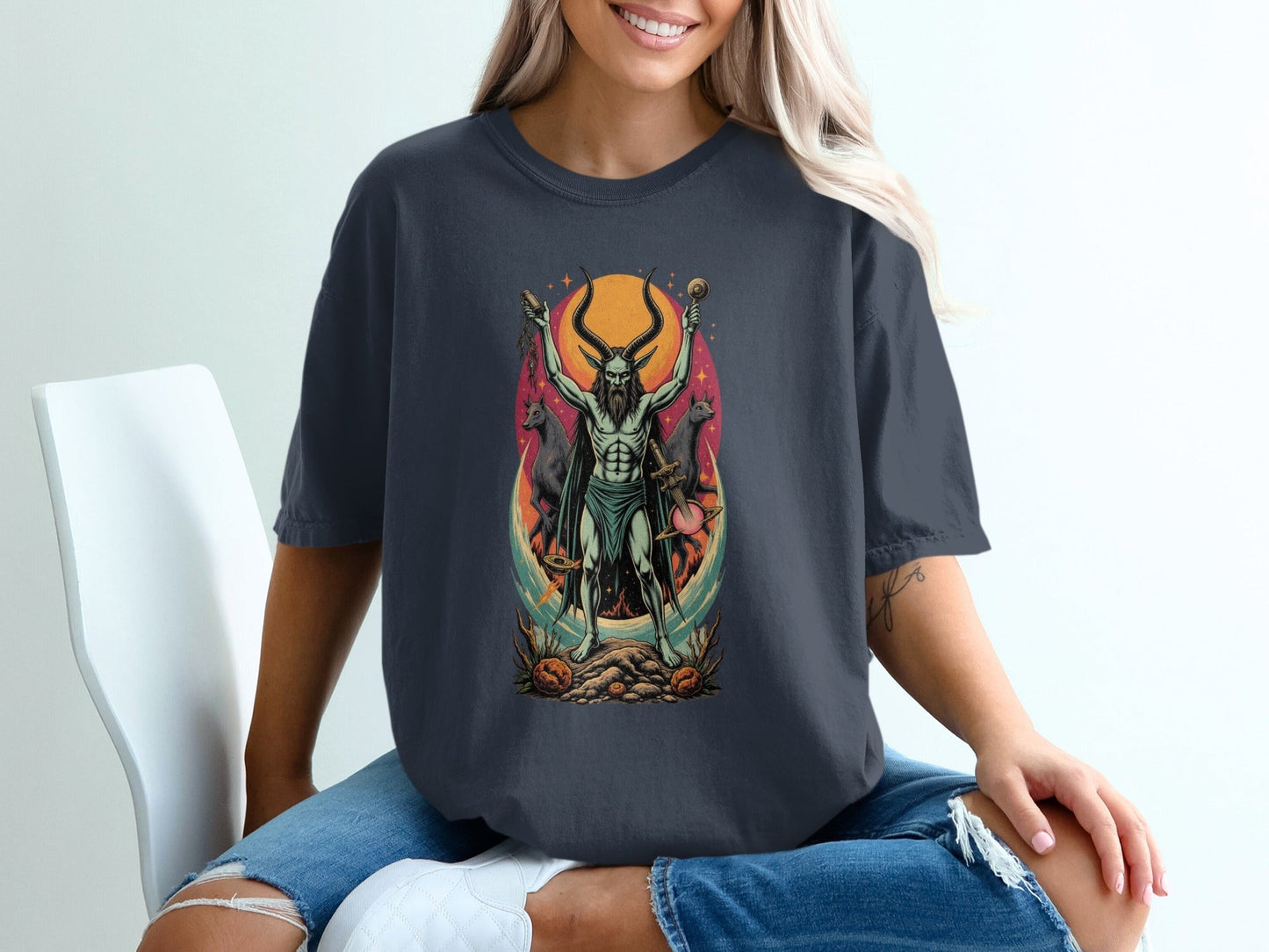 Demon With Dogs In front of Sunset Graphic Print T-Shirt - IconVexa