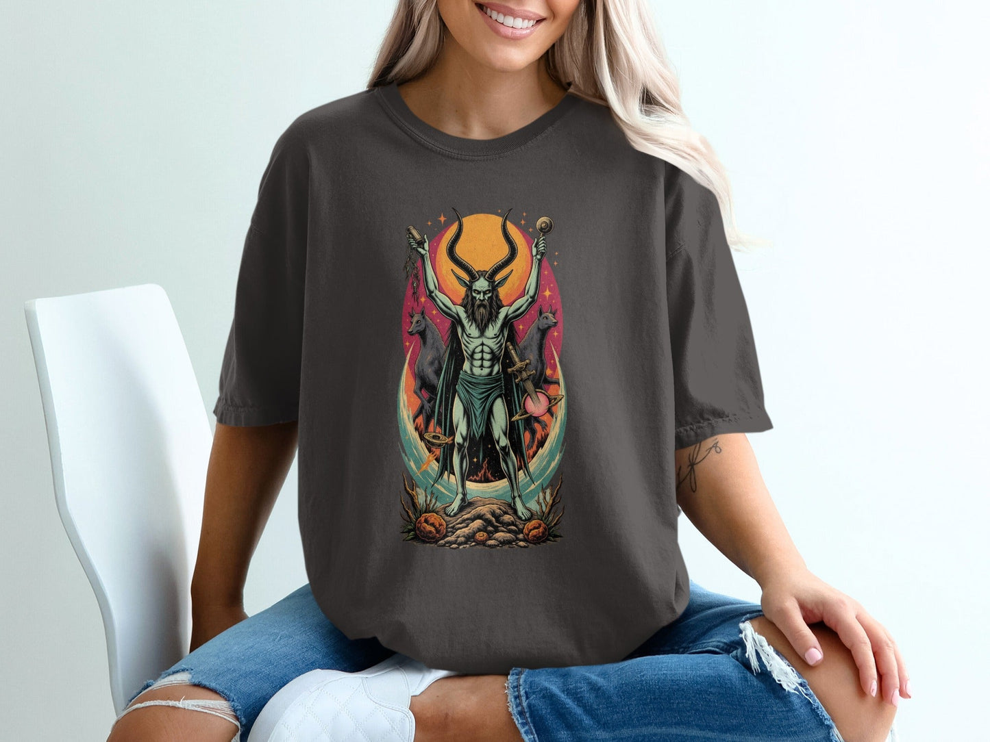 Demon With Dogs In front of Sunset Graphic Print T-Shirt - IconVexa