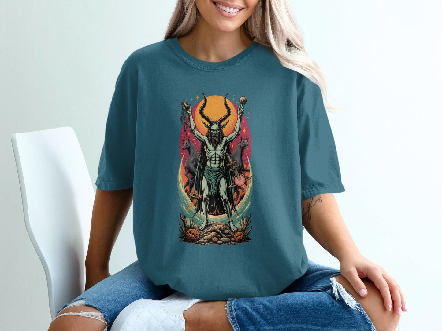 Demon With Dogs In front of Sunset Graphic Print T-Shirt - IconVexa