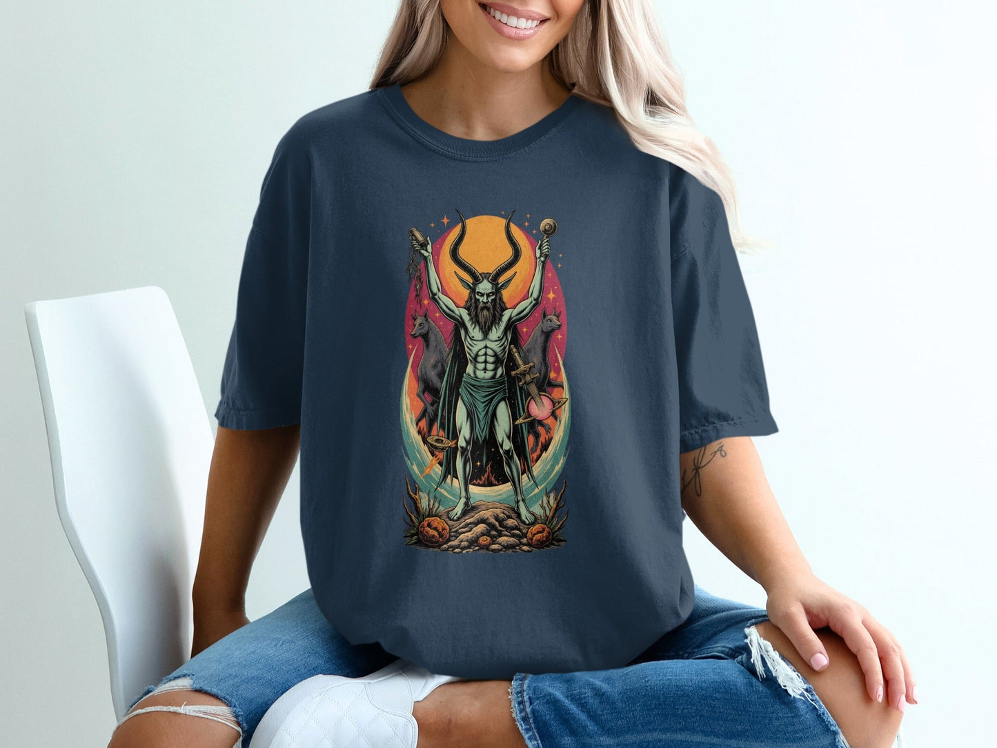 Demon With Dogs In front of Sunset Graphic Print T-Shirt - IconVexa