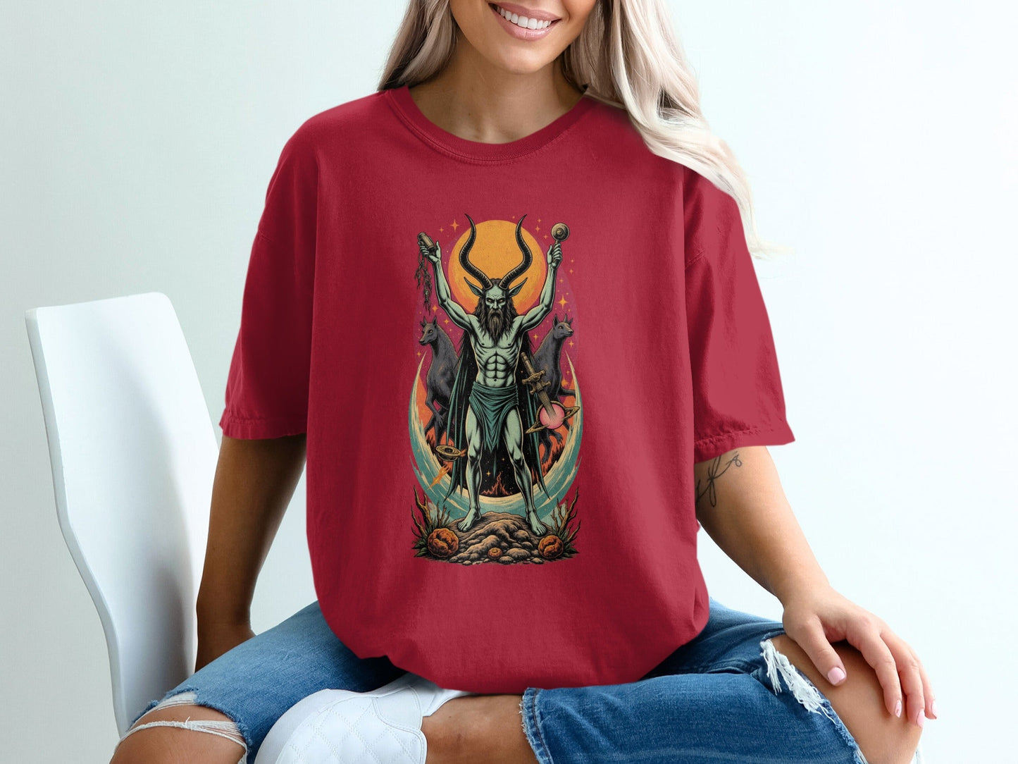 Demon With Dogs In front of Sunset Graphic Print T-Shirt - IconVexa