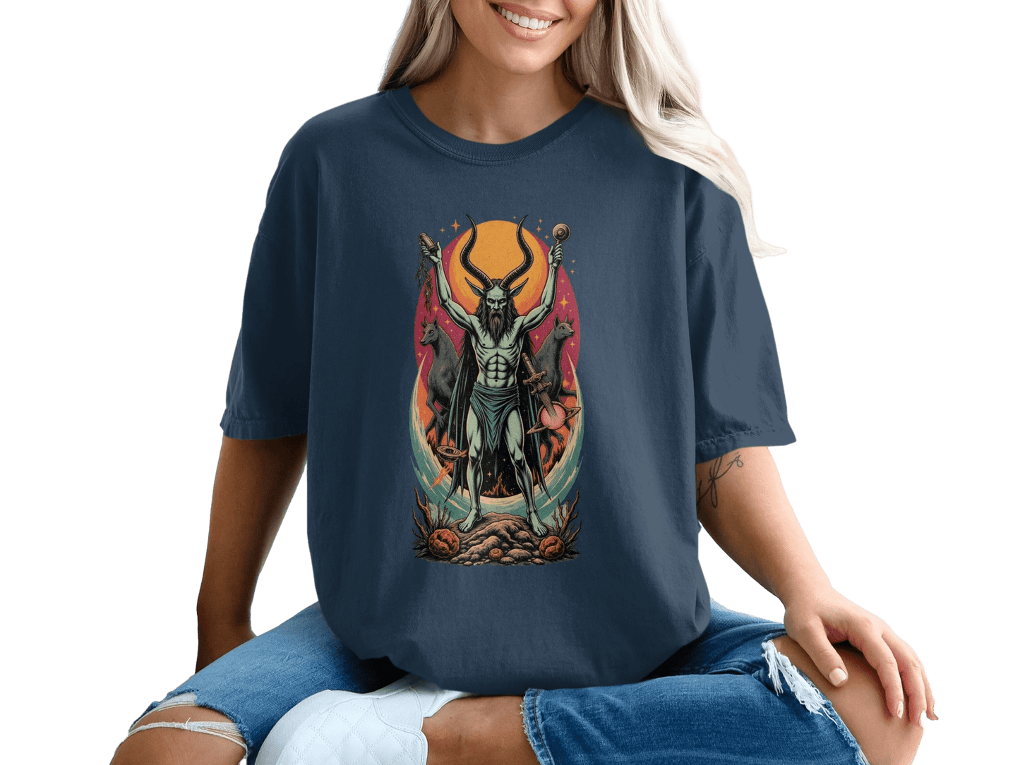 Demon With Dogs In front of Sunset Graphic Print T-Shirt - IconVexa