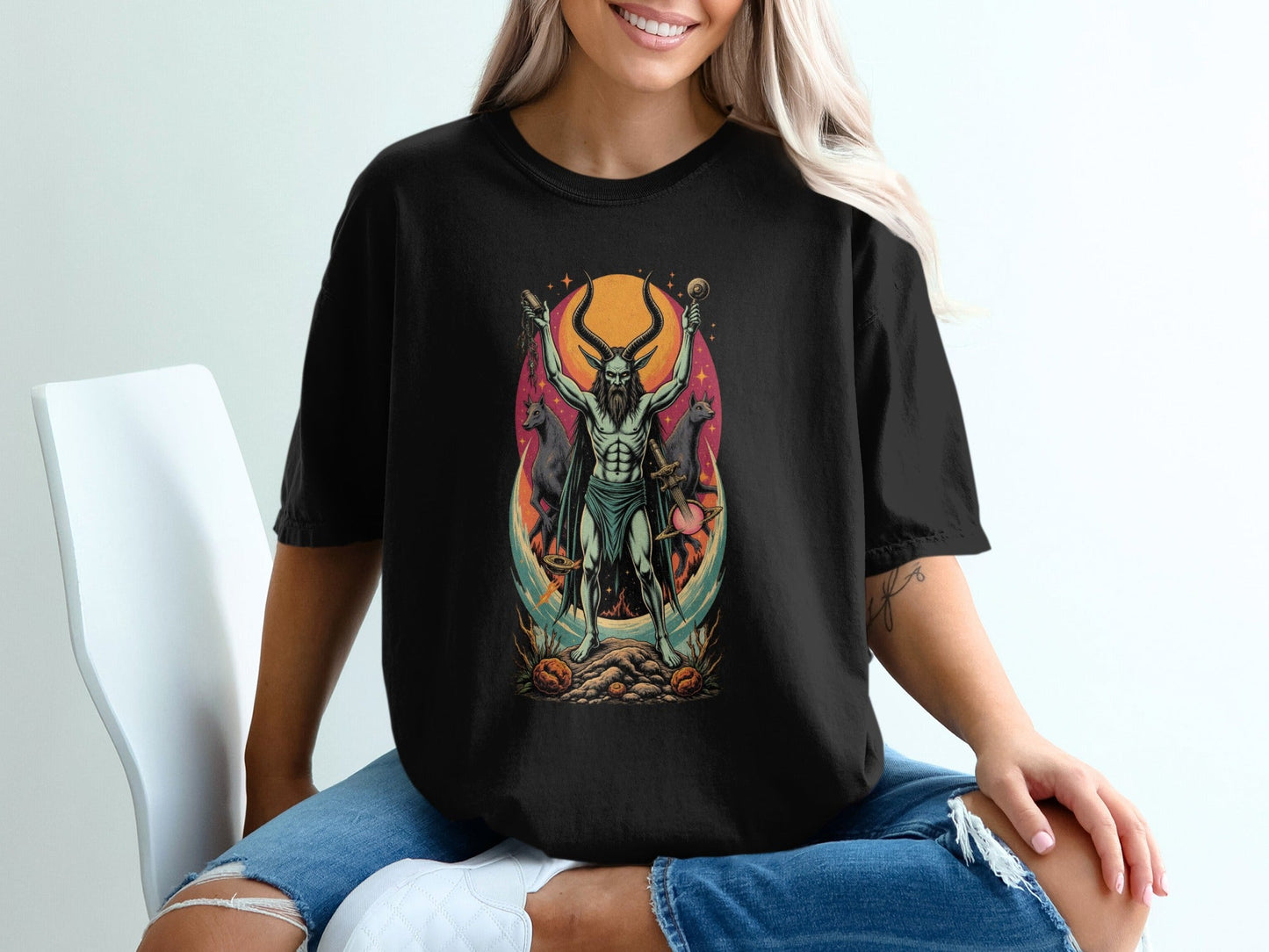 Demon With Dogs In front of Sunset Graphic Print T-Shirt - IconVexa