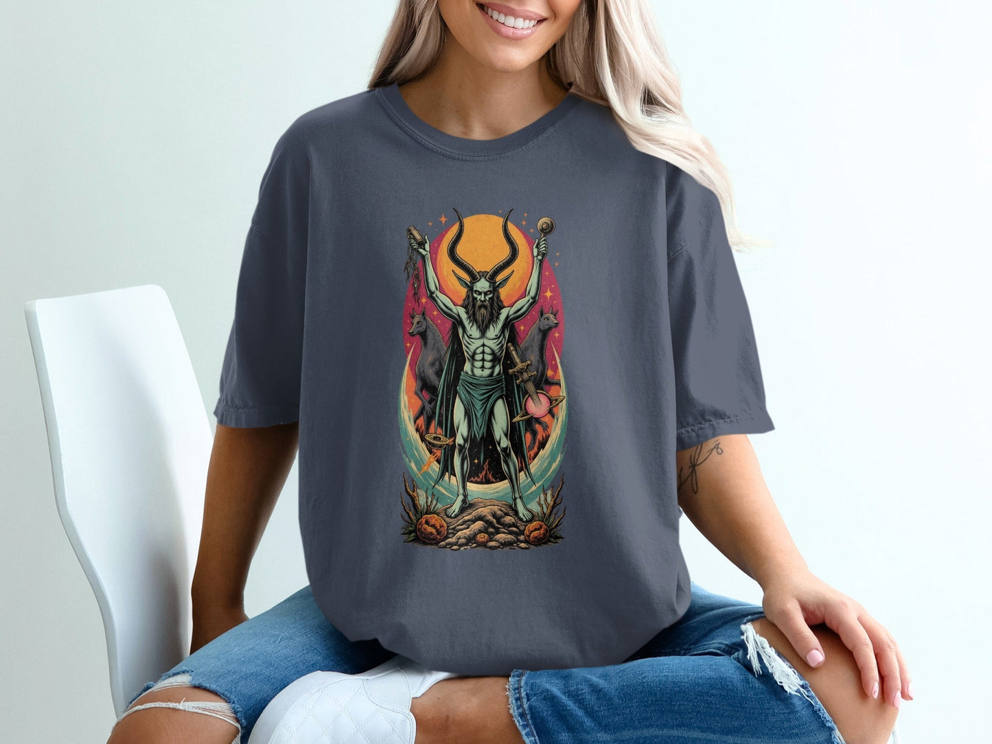 Demon With Dogs In front of Sunset Graphic Print T-Shirt - IconVexa