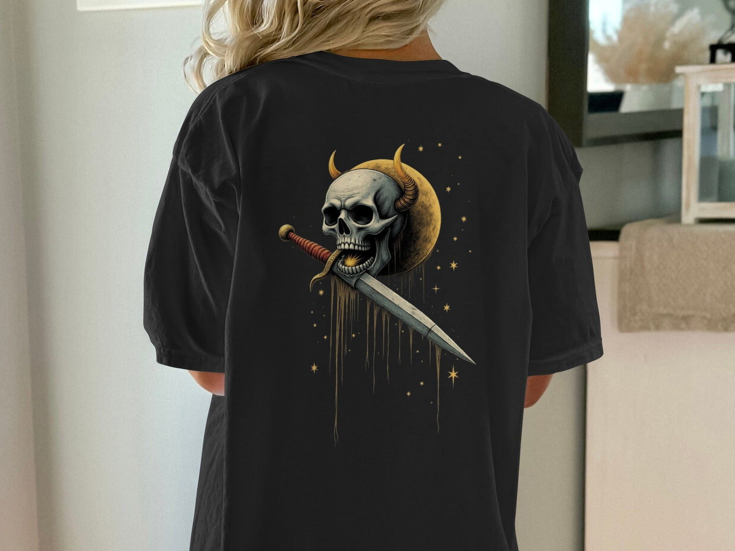Devil Horned Skull Sword Graphic Fashion Premium T-Shirt - IconVexa