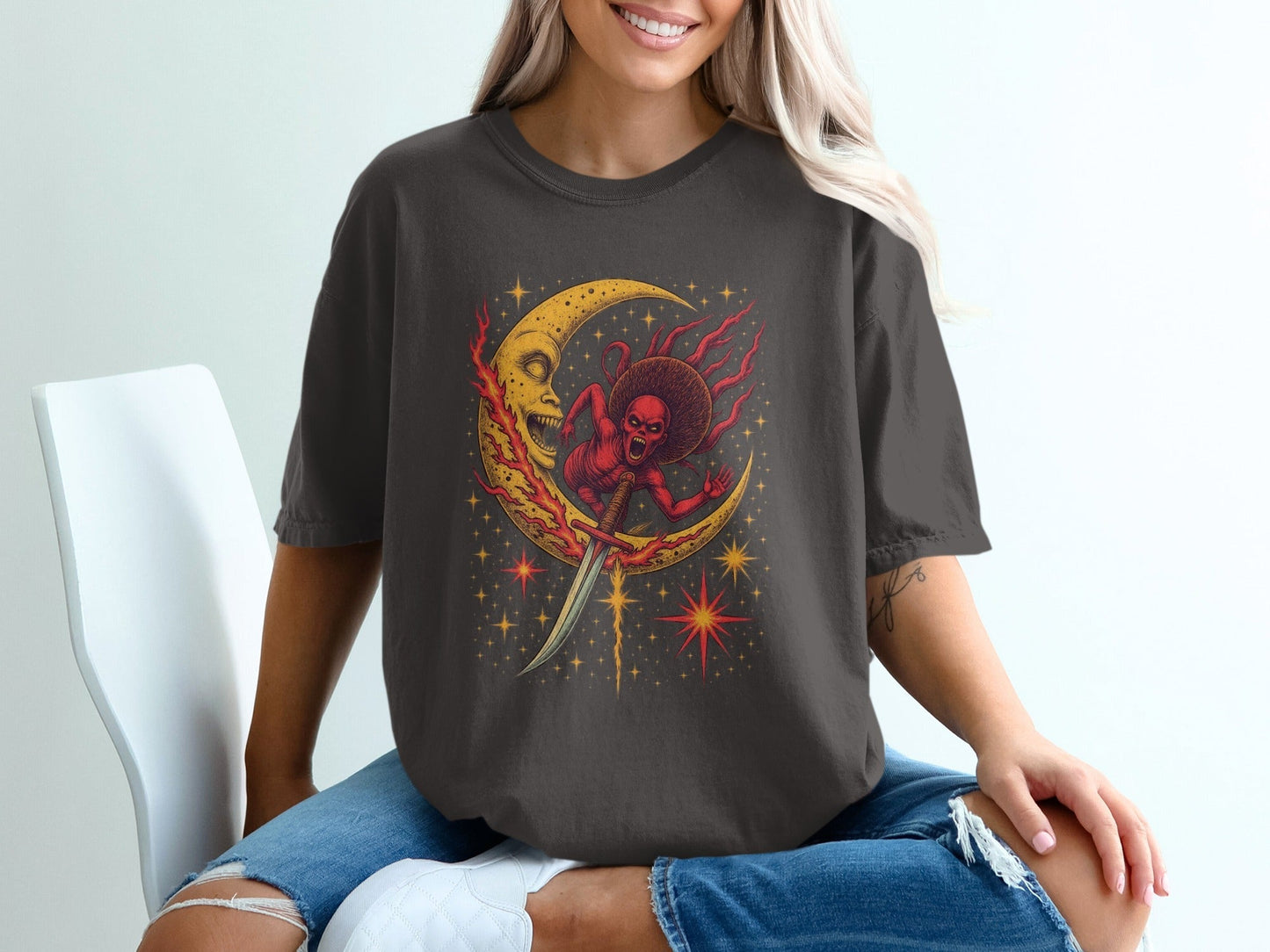 Devil Moon Design Featuring Sword Stars Illustrated T-Shirt - IconVexa