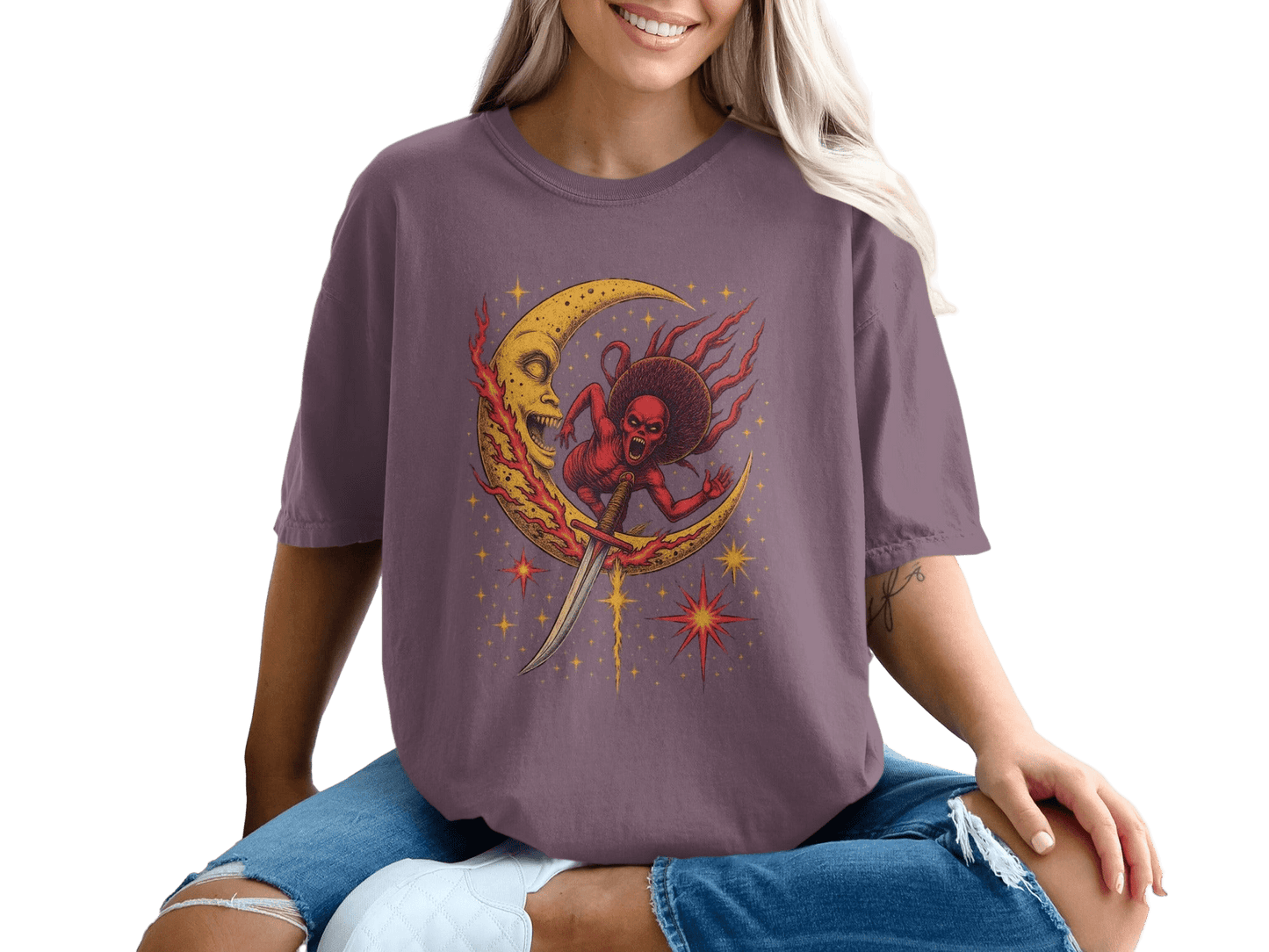 Devil Moon Design Featuring Sword Stars Illustrated T-Shirt - IconVexa