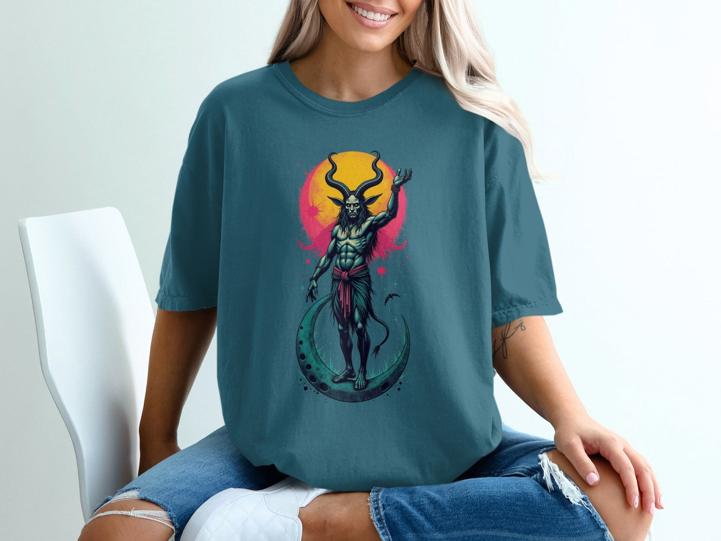 Devil On Moon Graphic Image Halloween Print Shirt T-Shirt - IconVexa