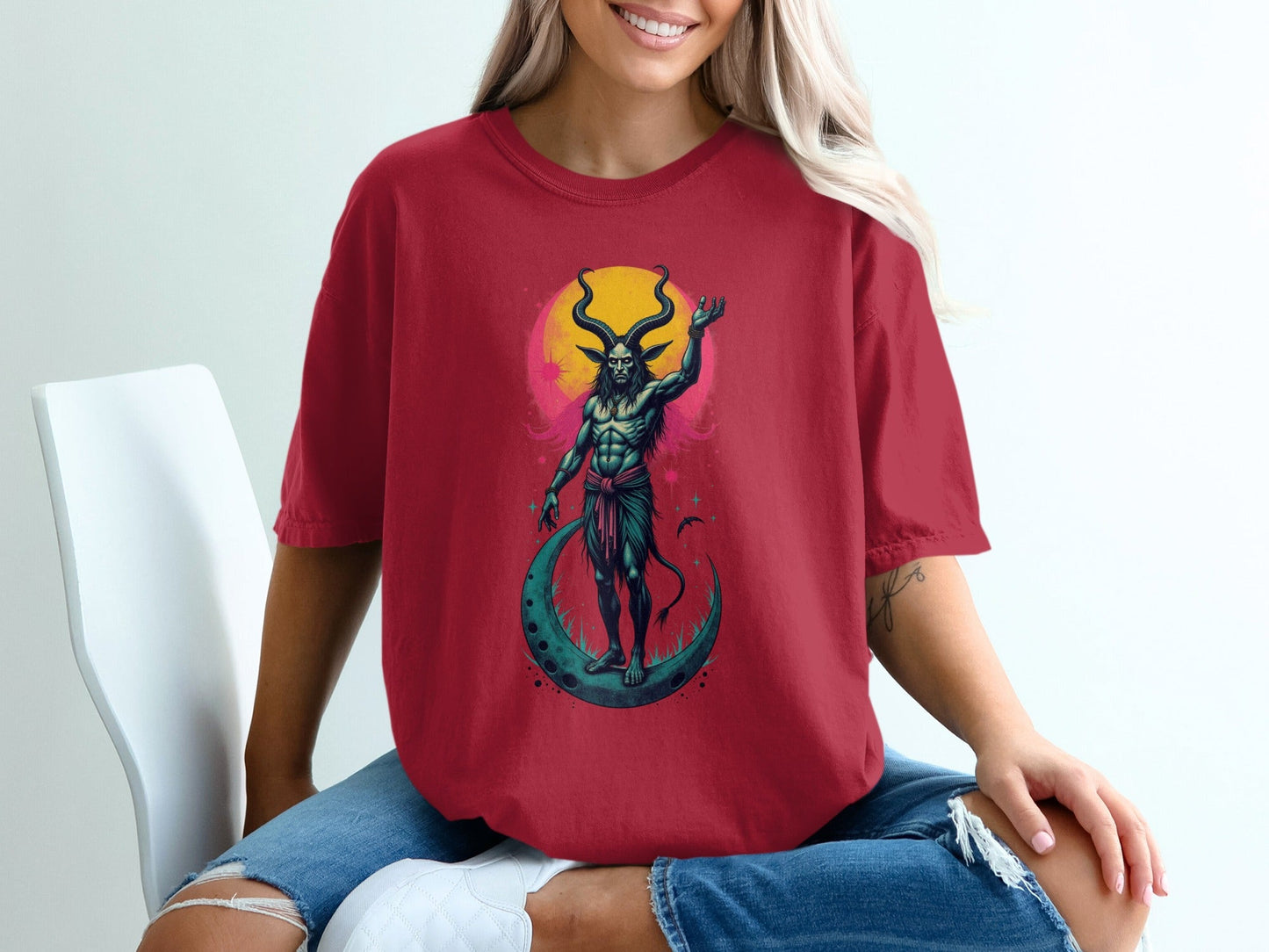 Devil On Moon Graphic Image Halloween Print Shirt T-Shirt - IconVexa