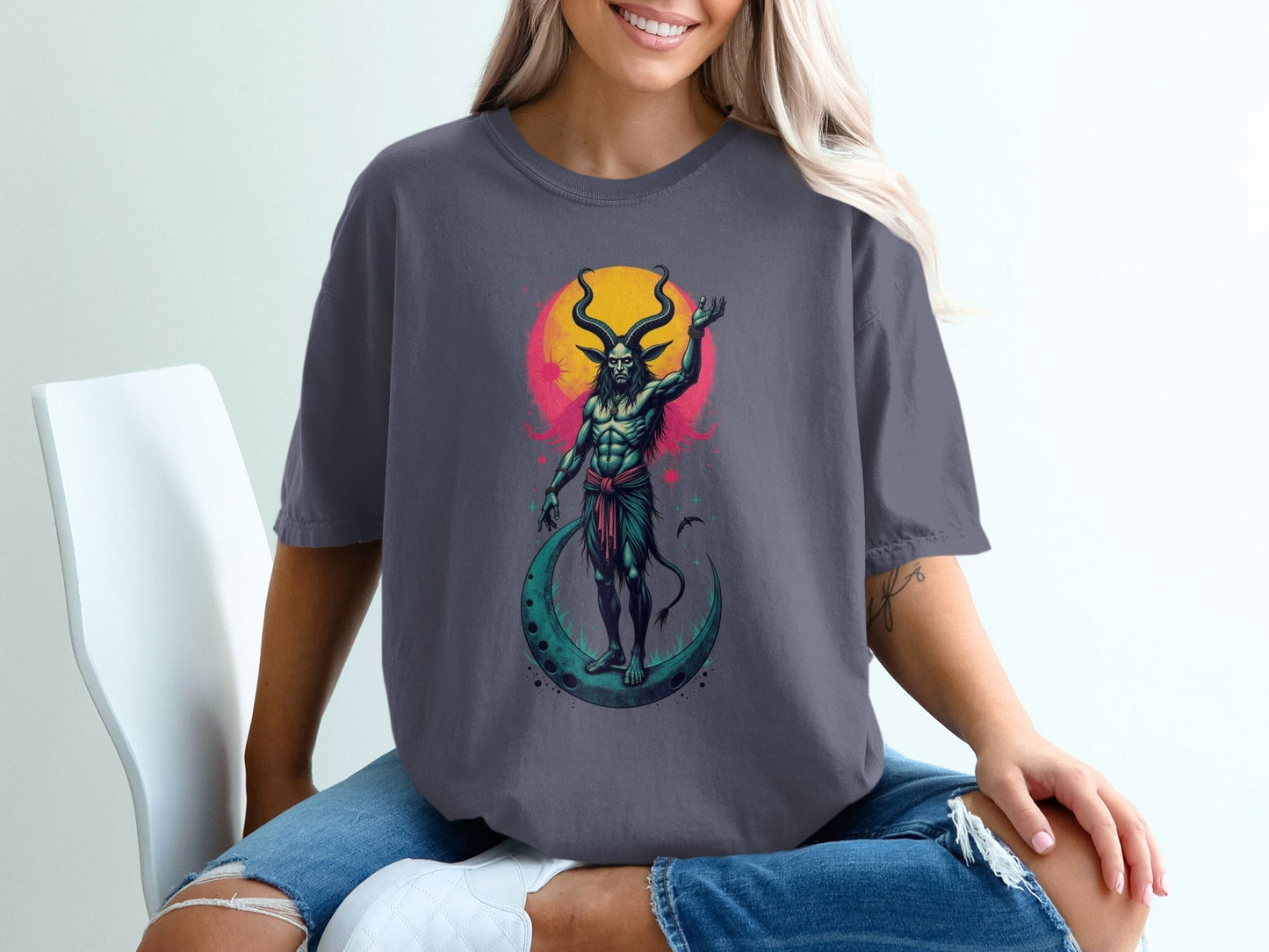 Devil On Moon Graphic Image Halloween Print Shirt T-Shirt - IconVexa