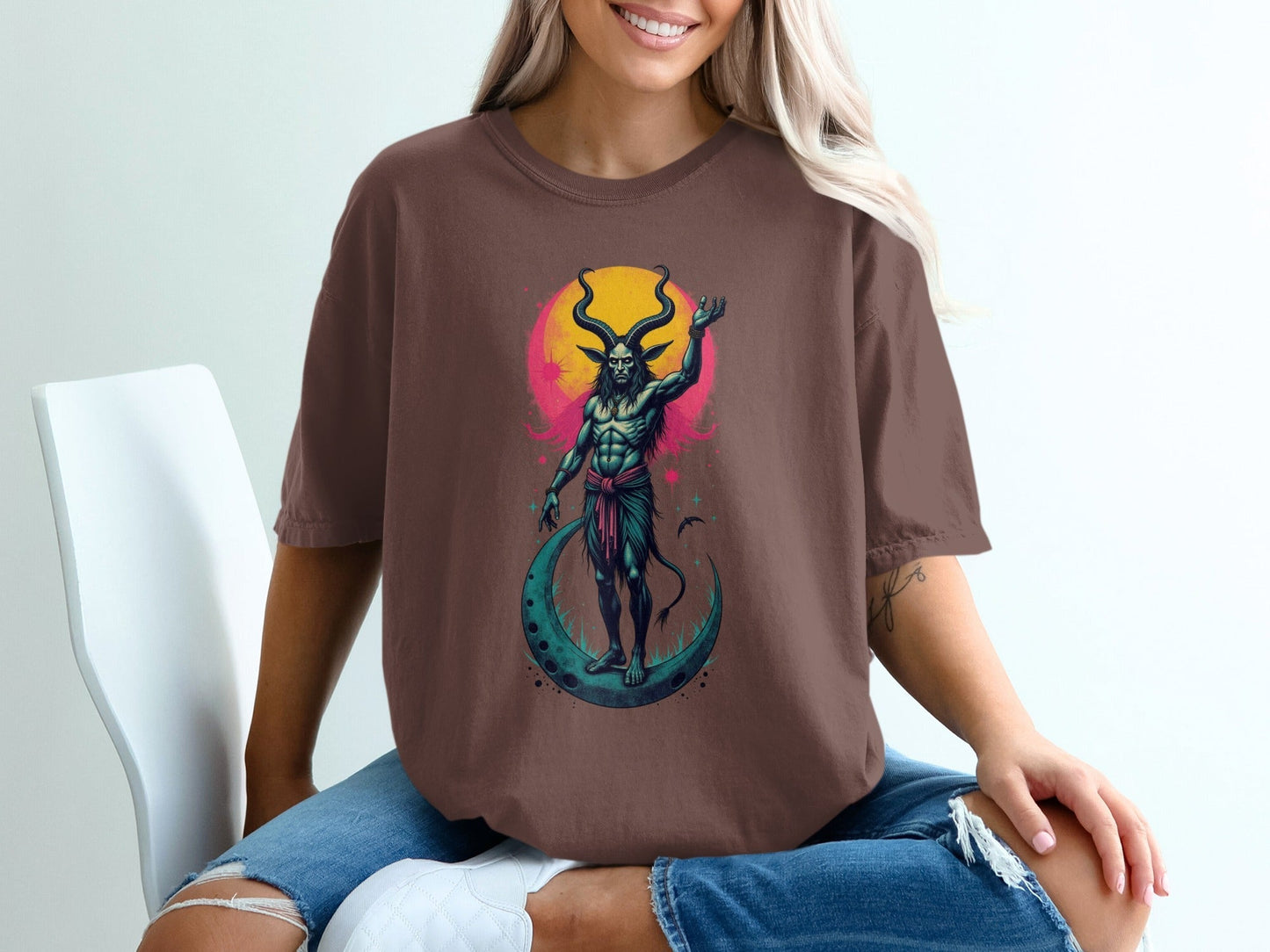 Devil On Moon Graphic Image Halloween Print Shirt T-Shirt - IconVexa