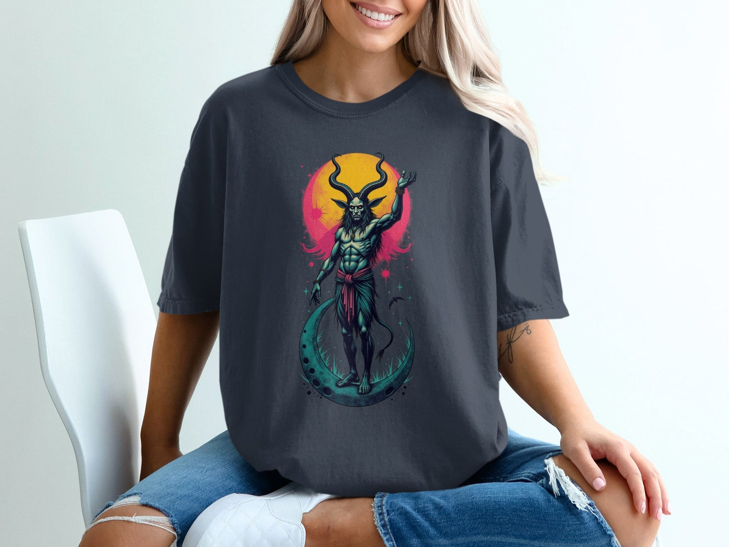 Devil On Moon Graphic Image Halloween Print Shirt T-Shirt - IconVexa