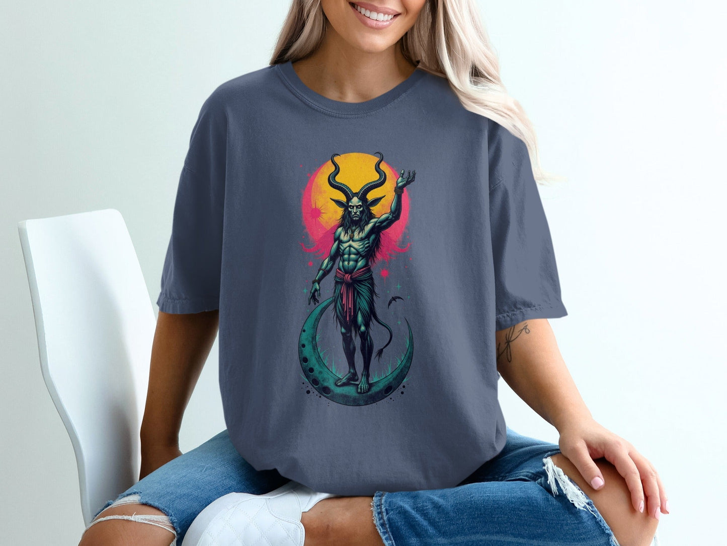 Devil On Moon Graphic Image Halloween Print Shirt T-Shirt - IconVexa