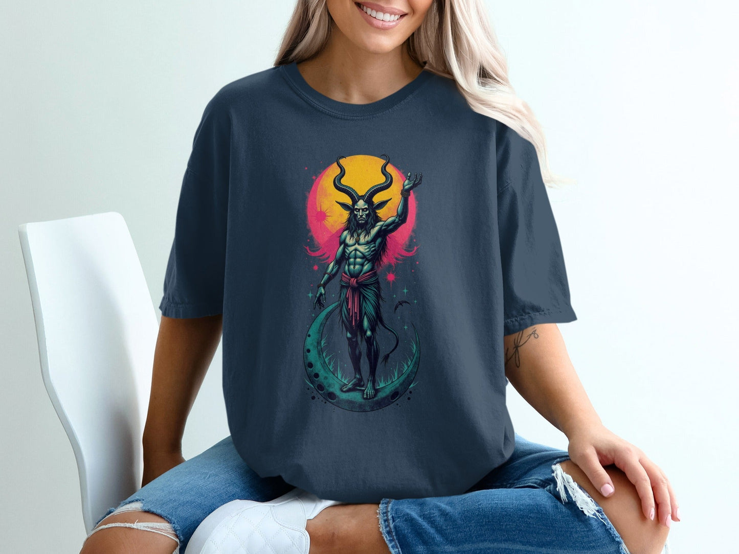 Devil On Moon Graphic Image Halloween Print Shirt T-Shirt - IconVexa