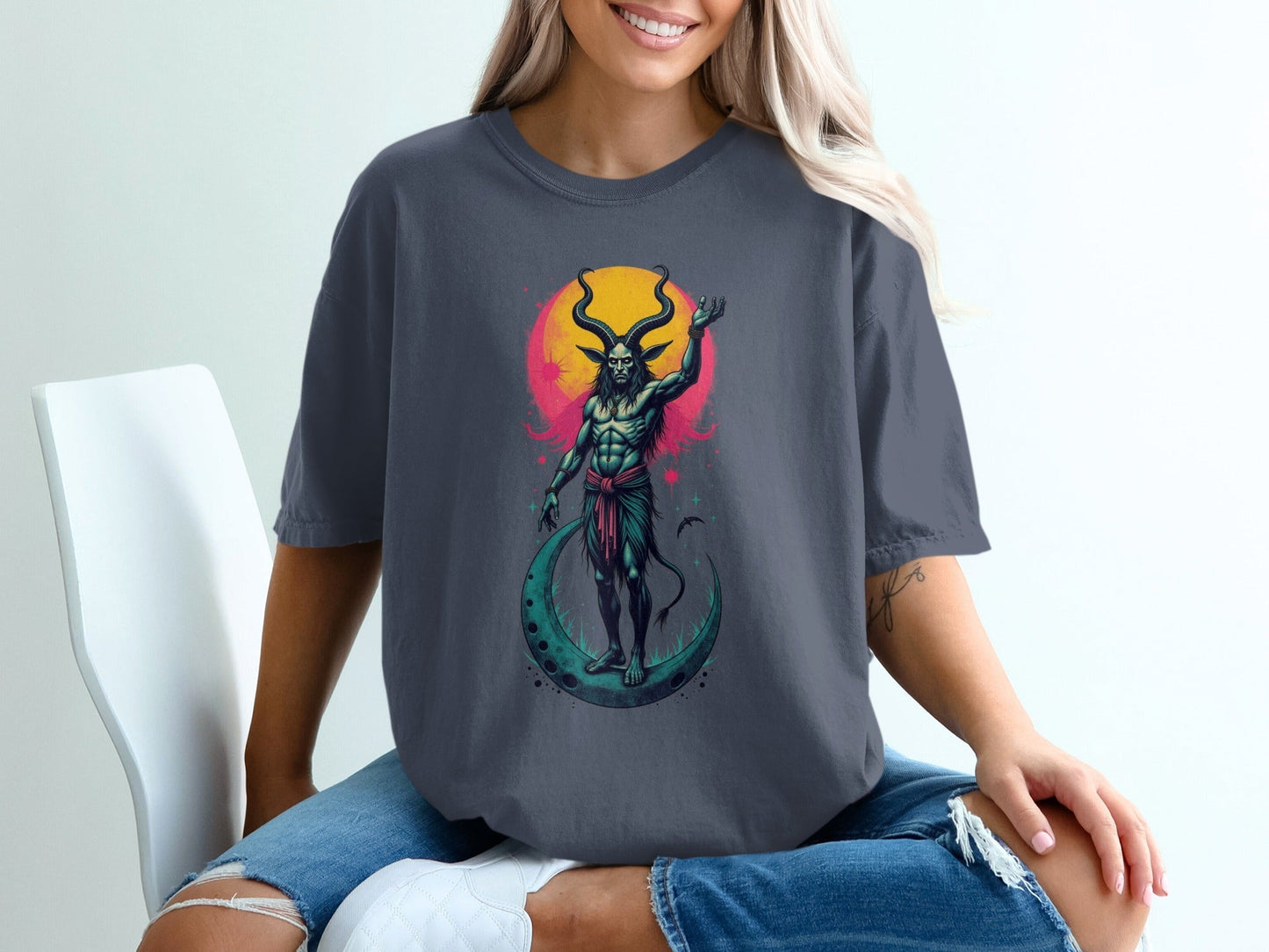 Devil On Moon Graphic Image Halloween Print Shirt T-Shirt - IconVexa