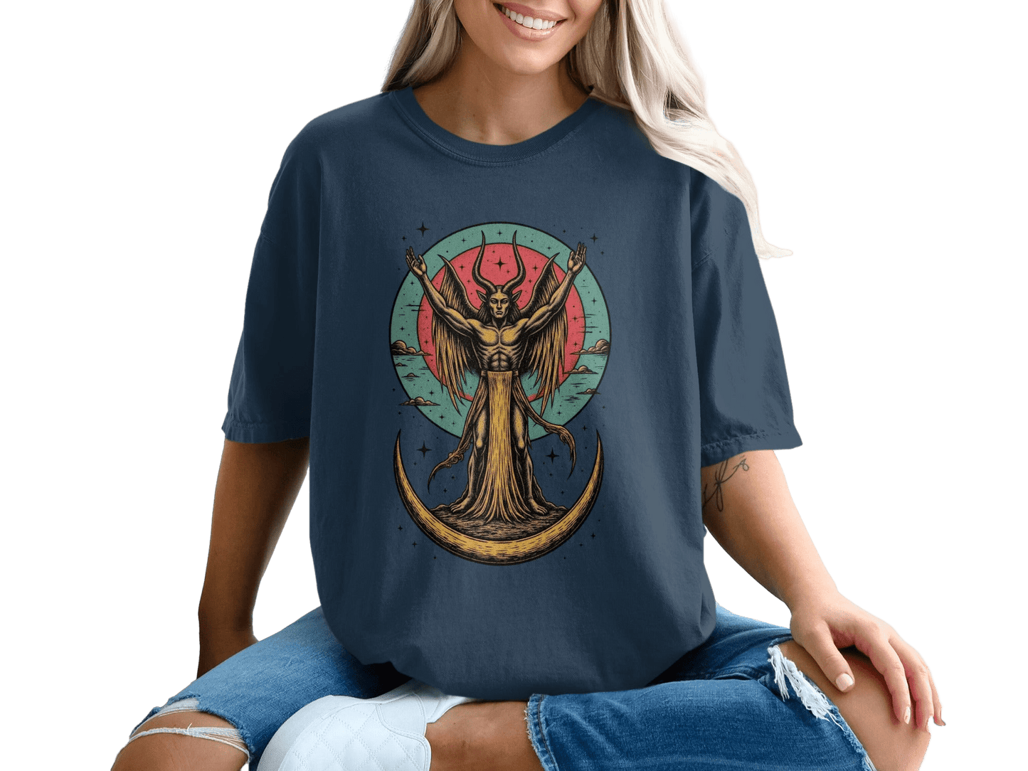 Devil with Wings In The Moon Graphic Art Print T-Shirt - IconVexa