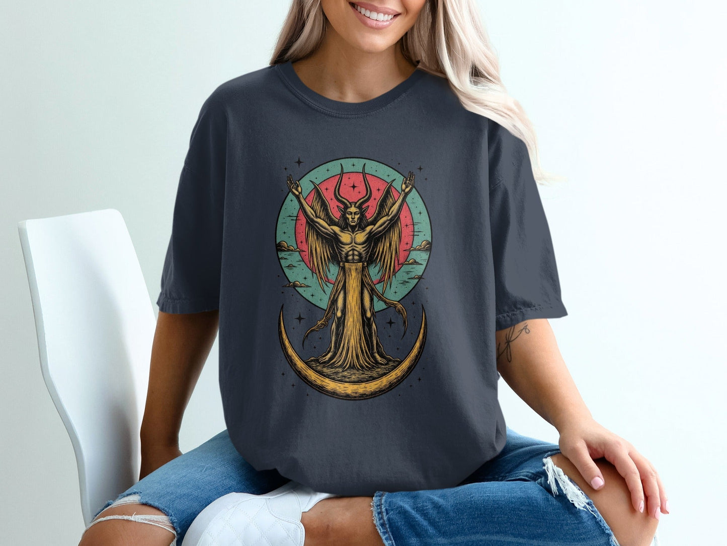 Devil with Wings In The Moon Graphic Art Print T-Shirt - IconVexa