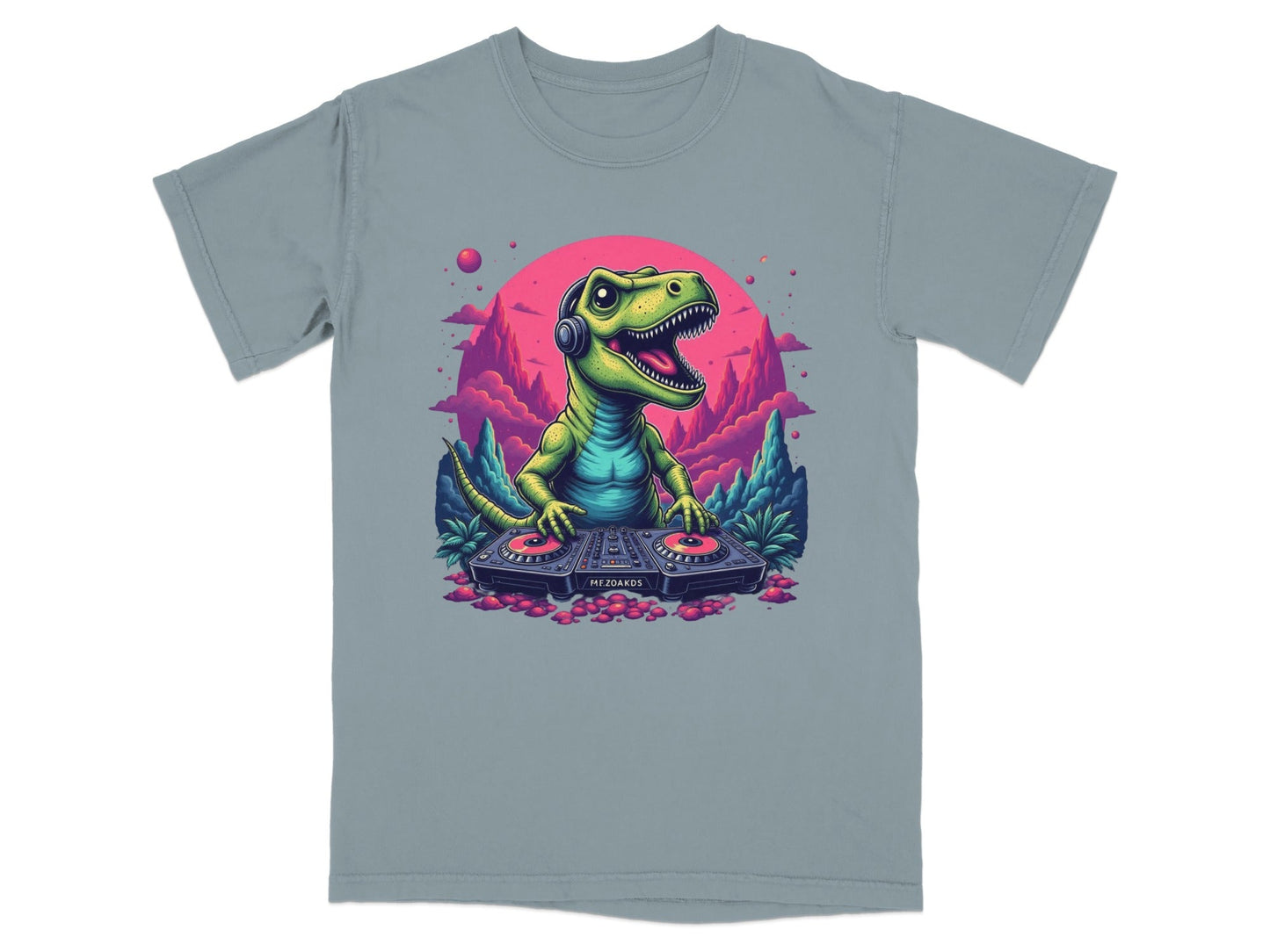 Dino DJ Mixing Music with Headphones Cartoon T-Shirt - IconVexa