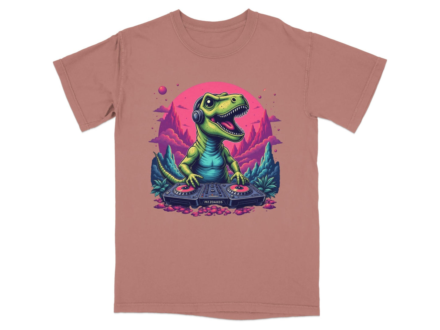Dino DJ Mixing Music with Headphones Cartoon T-Shirt - IconVexa