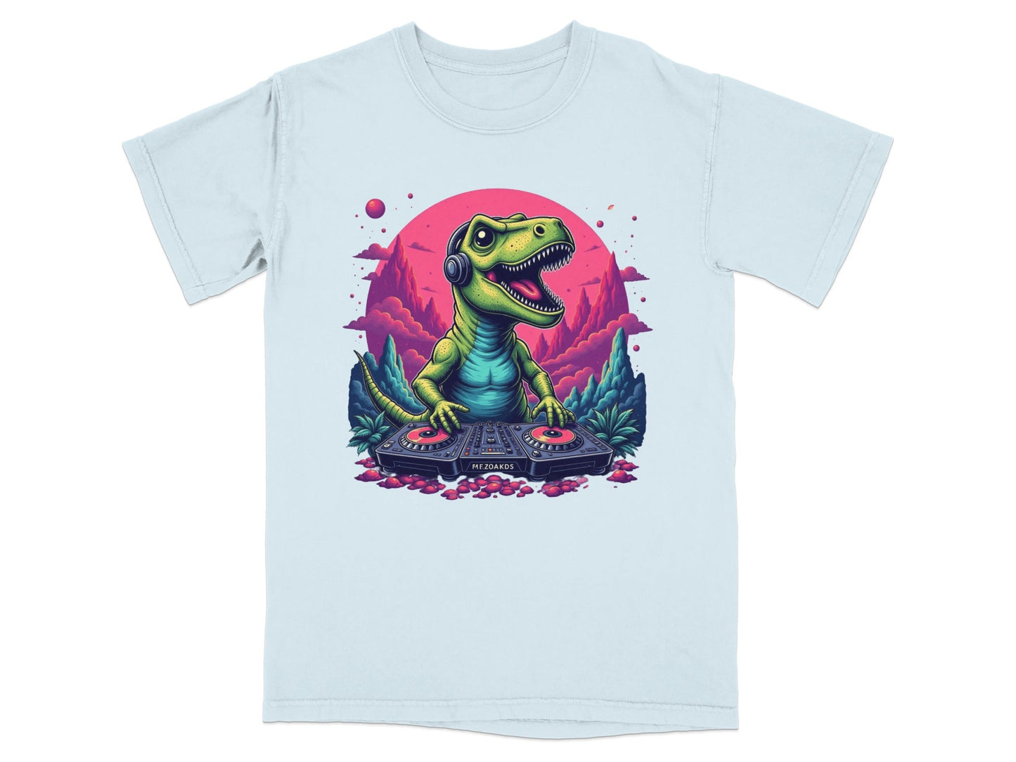 Dino DJ Mixing Music with Headphones Cartoon T-Shirt - IconVexa
