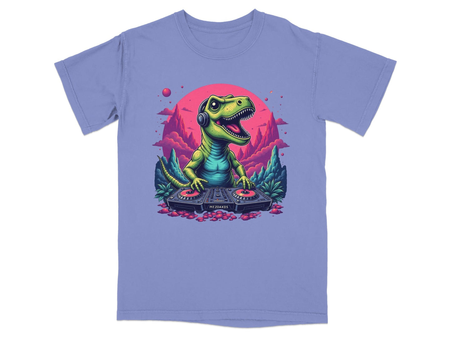 Dino DJ Mixing Music with Headphones Cartoon T-Shirt - IconVexa