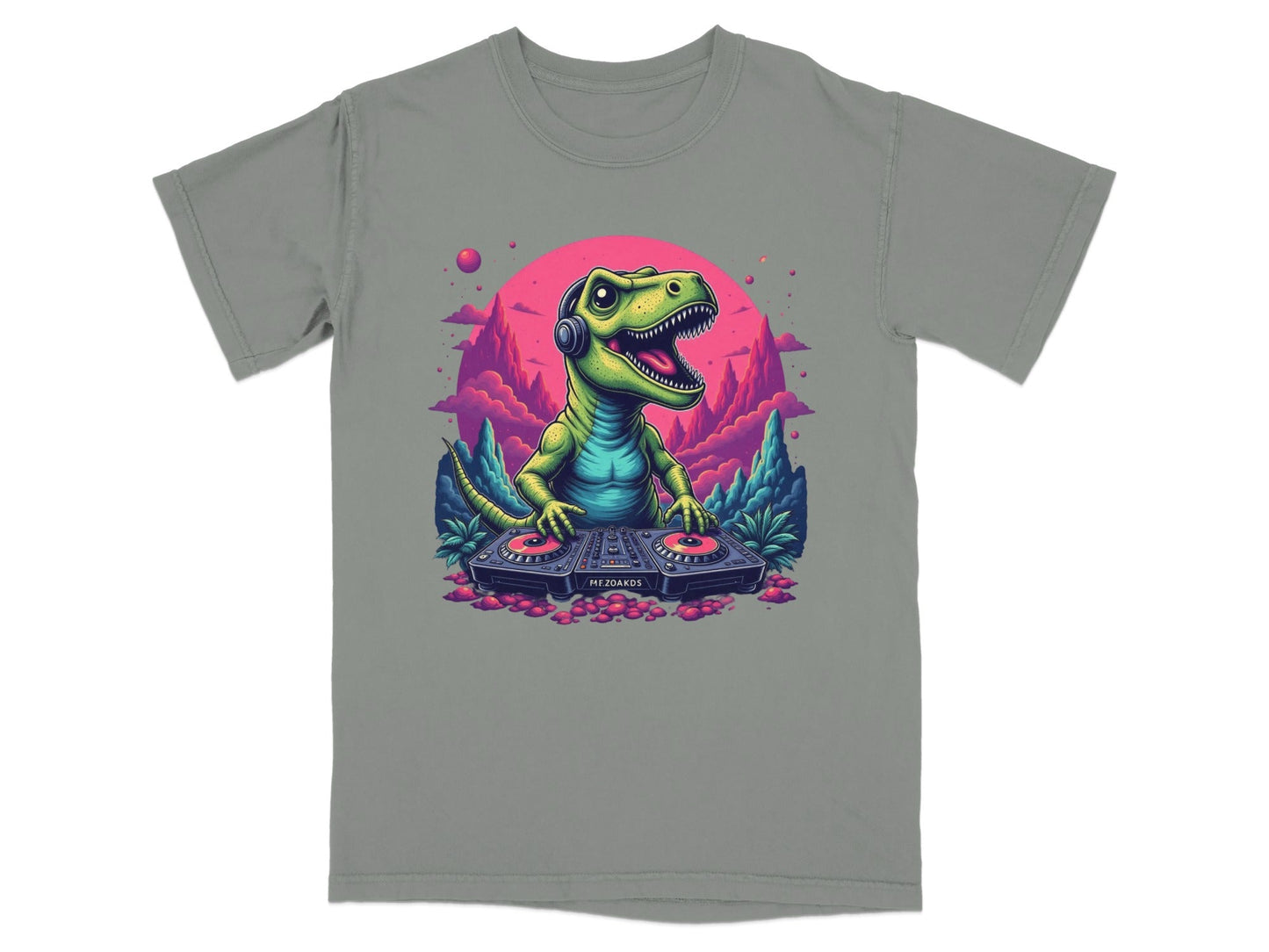 Dino DJ Mixing Music with Headphones Cartoon T-Shirt - IconVexa