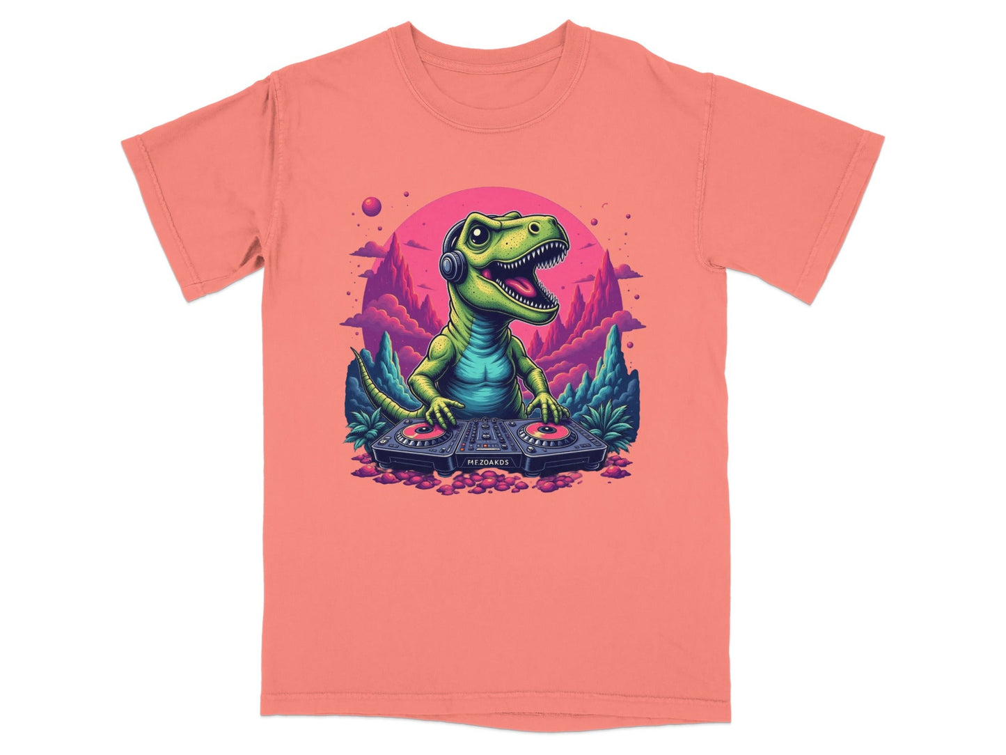 Dino DJ Mixing Music with Headphones Cartoon T-Shirt - IconVexa