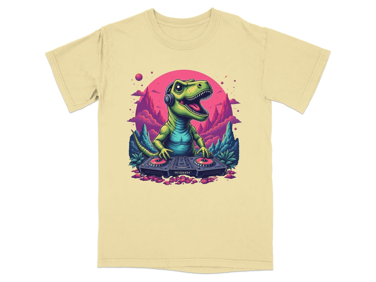 Dino DJ Mixing Music with Headphones Cartoon T-Shirt - IconVexa