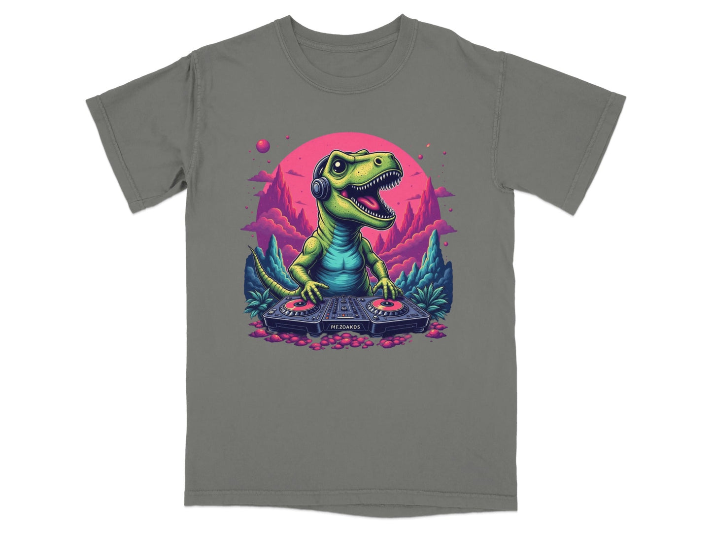 Dino DJ Mixing Music with Headphones Cartoon T-Shirt - IconVexa
