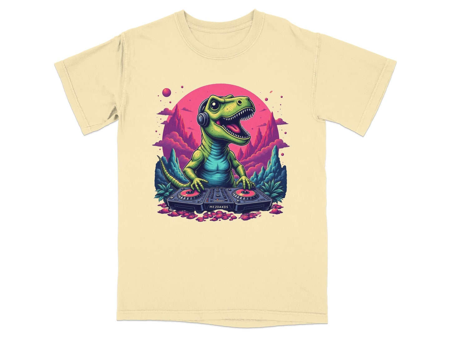 Dino DJ Mixing Music with Headphones Cartoon T-Shirt - IconVexa