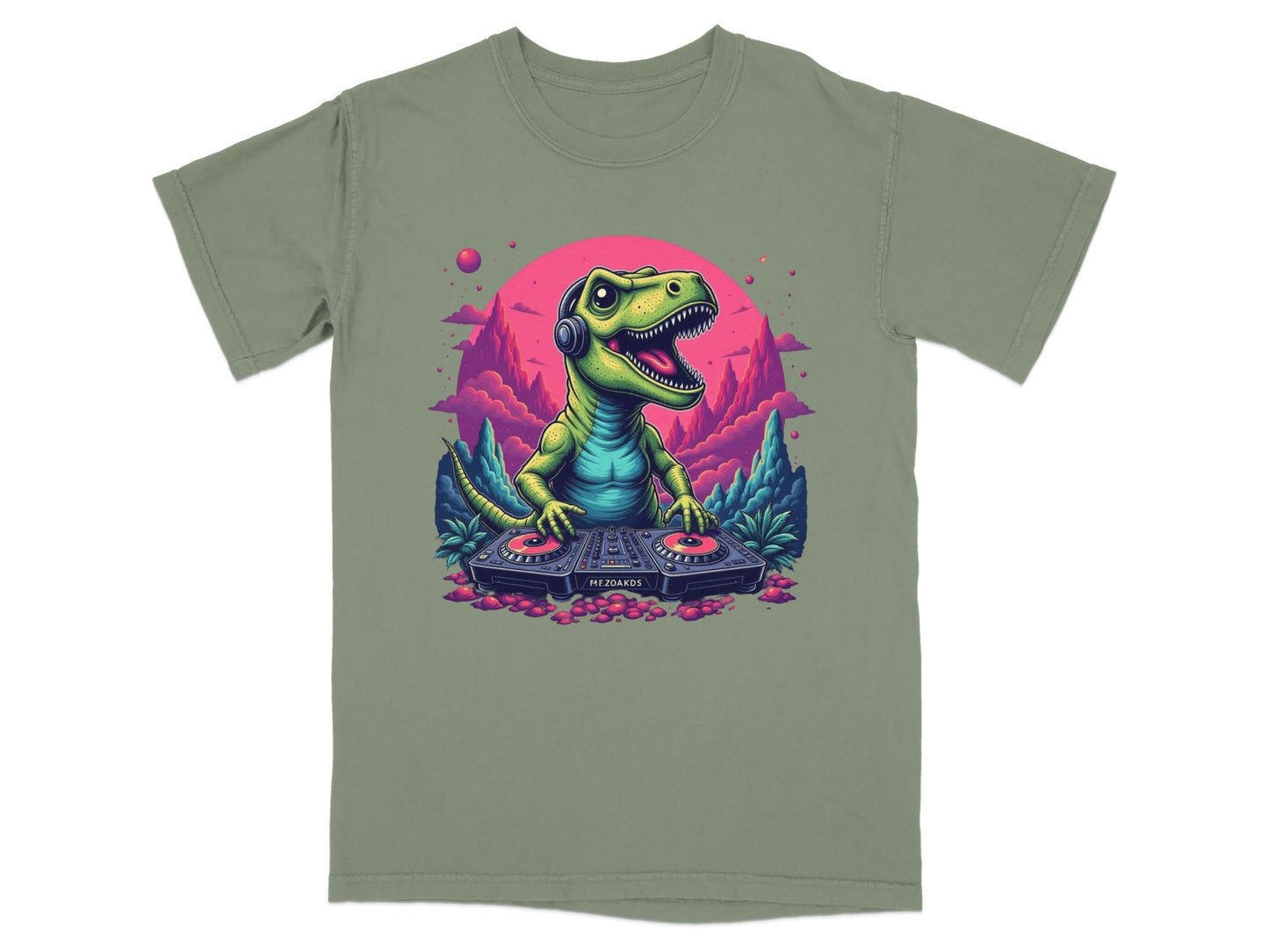 Dino DJ Mixing Music with Headphones Cartoon T-Shirt - IconVexa