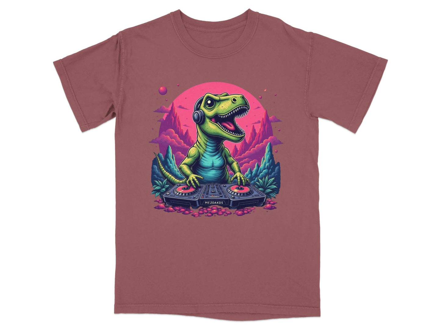 Dino DJ Mixing Music with Headphones Cartoon T-Shirt - IconVexa
