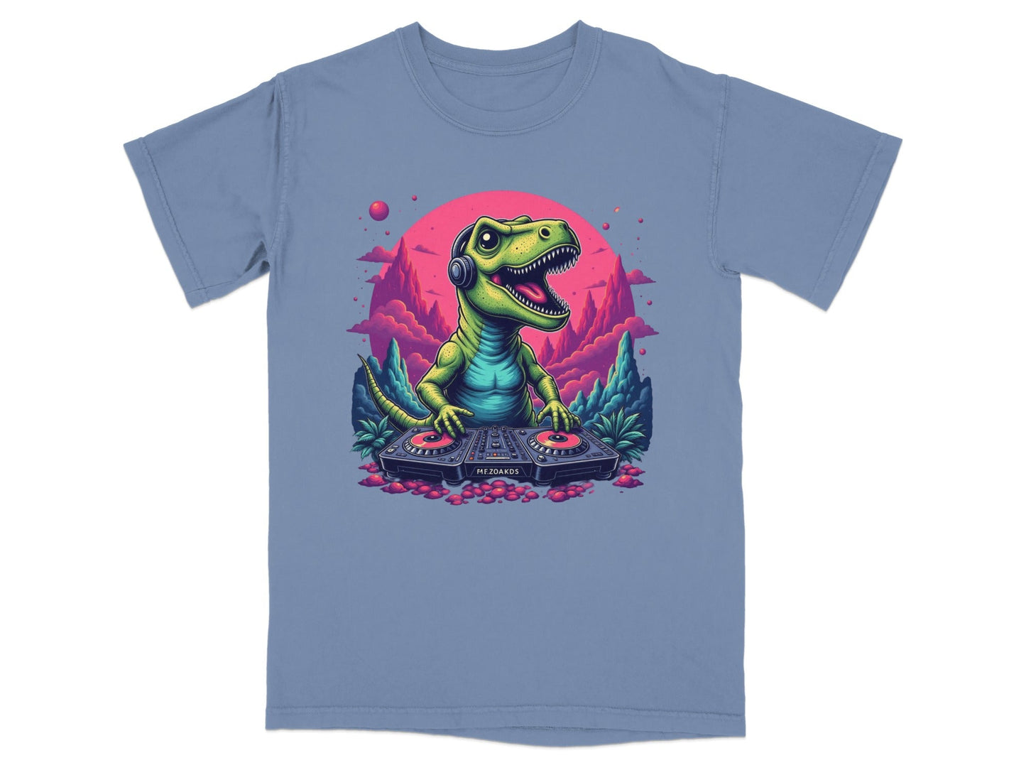 Dino DJ Mixing Music with Headphones Cartoon T-Shirt - IconVexa