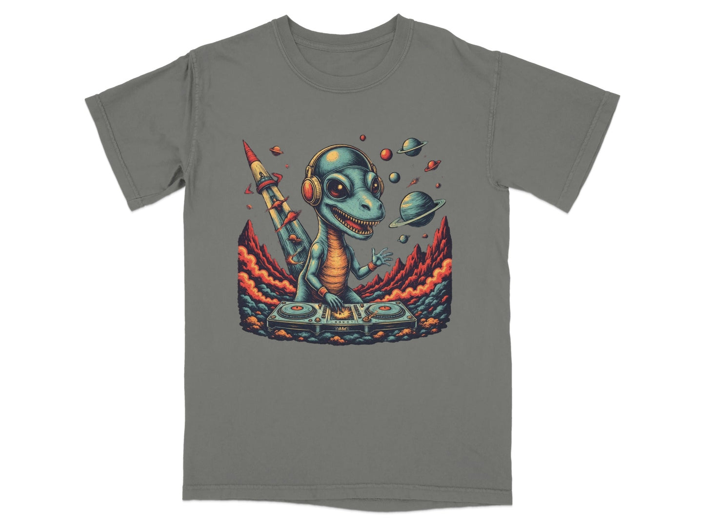 Dino DJ Space Party Cool Music Reptile Art T-Shirt - IconVexa