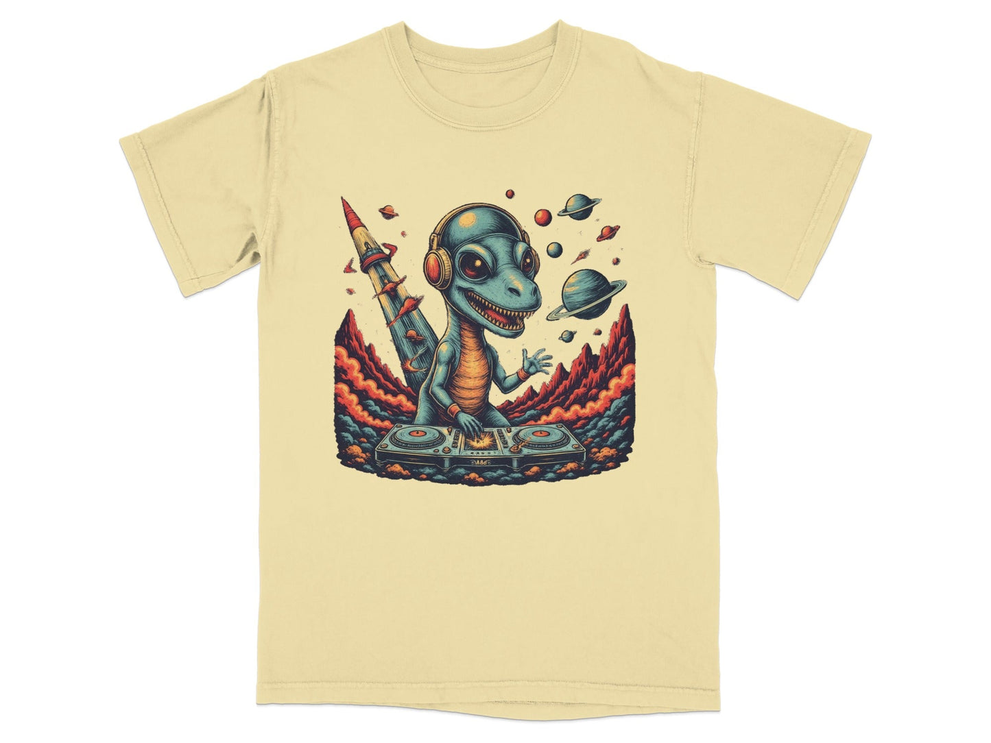 Dino DJ Space Party Cool Music Reptile Art T-Shirt - IconVexa