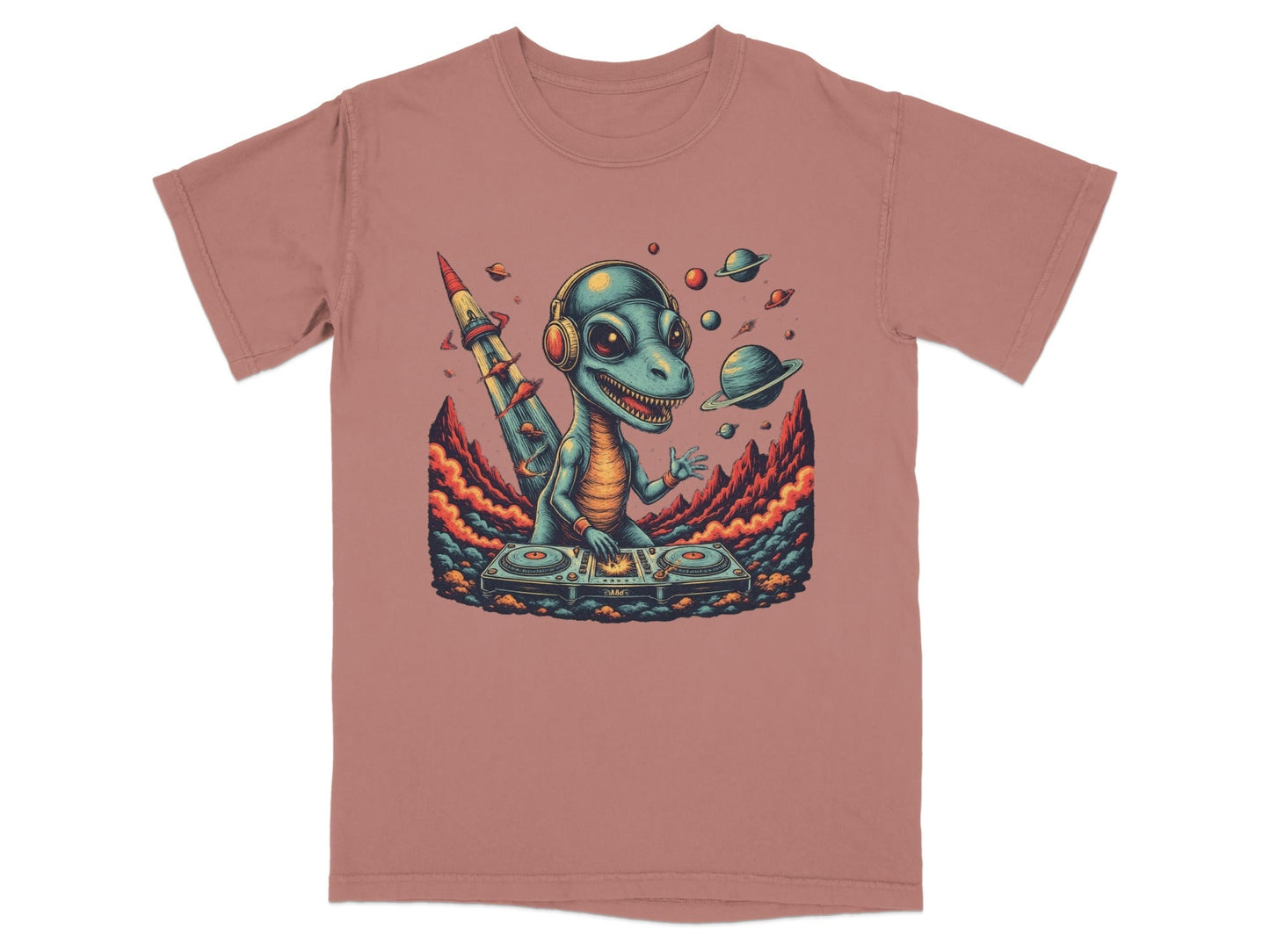 Dino DJ Space Party Cool Music Reptile Art T-Shirt - IconVexa