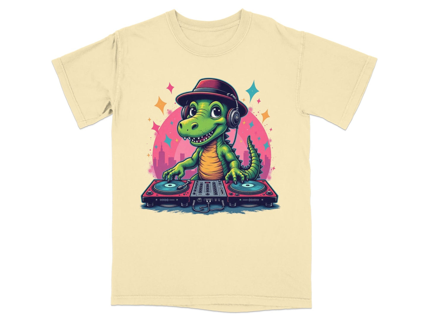 Dino DJ with Headphones Graphic Novelty Cool T-Shirt - IconVexa