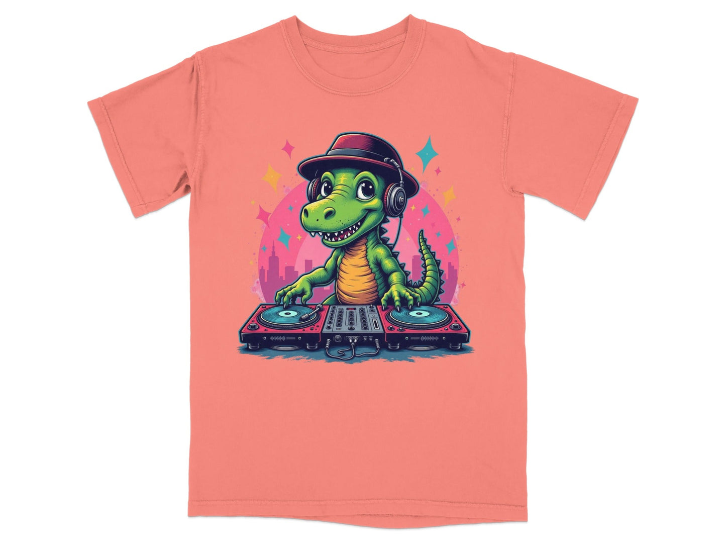 Dino DJ with Headphones Graphic Novelty Cool T-Shirt - IconVexa