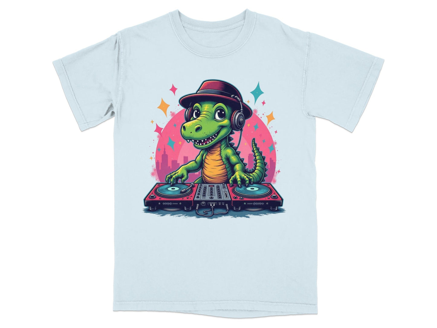 Dino DJ with Headphones Graphic Novelty Cool T-Shirt - IconVexa