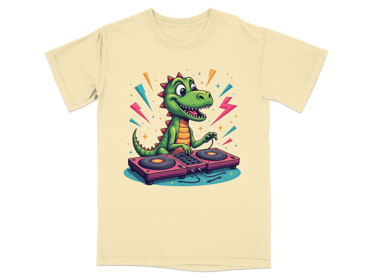 Dinosaur DJ Mixing Music Illustration Funny Graphic T-Shirt - IconVexa