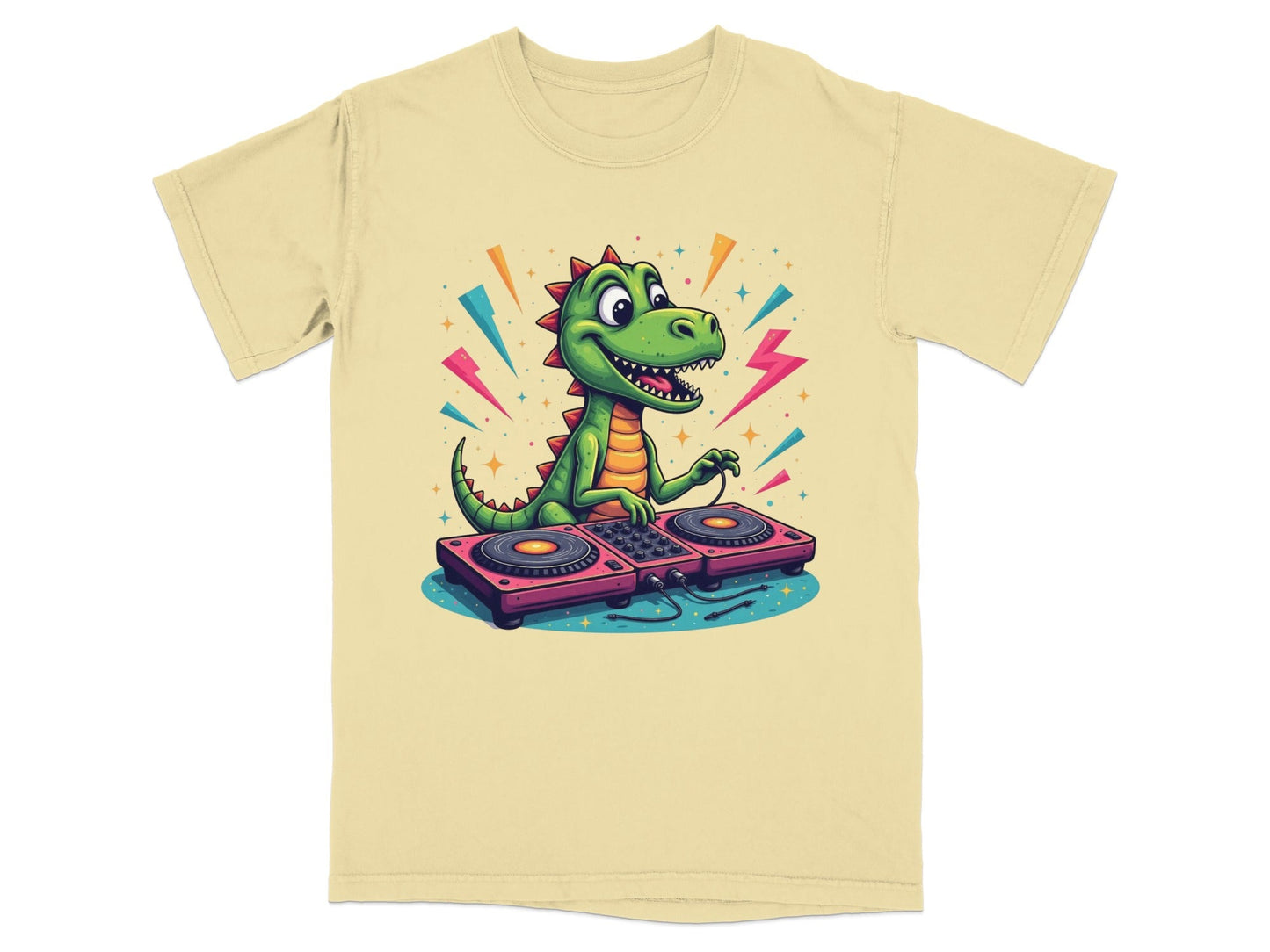 Dinosaur DJ Mixing Music Illustration Funny Graphic T-Shirt - IconVexa