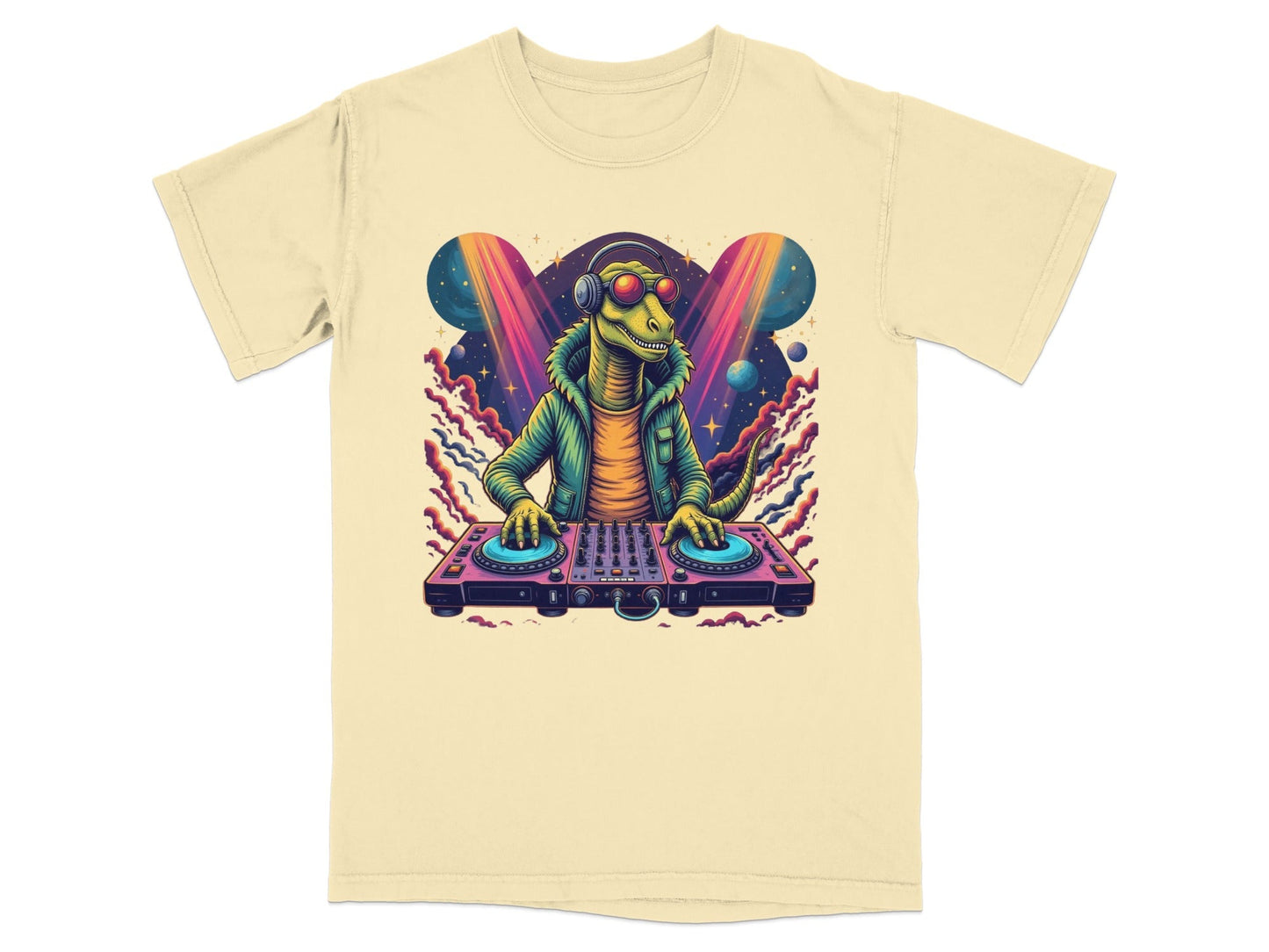 Dinosaur DJ with Headphones and Turntable Graphic T-Shirt - IconVexa