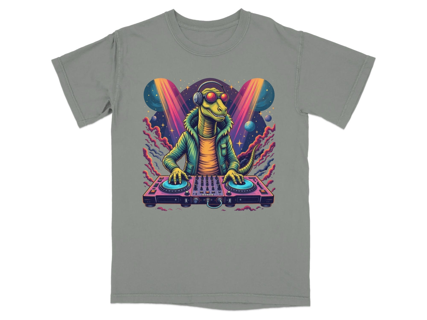Dinosaur DJ with Headphones and Turntable Graphic T-Shirt - IconVexa