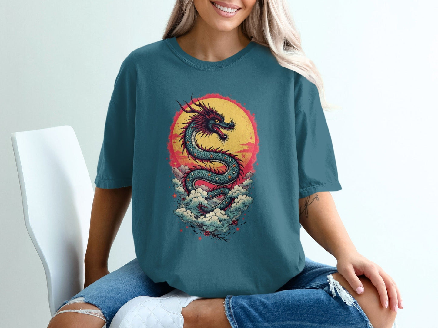 Dragon in front of the sun on a Blue Shirt Graphic T-Shirt - IconVexa