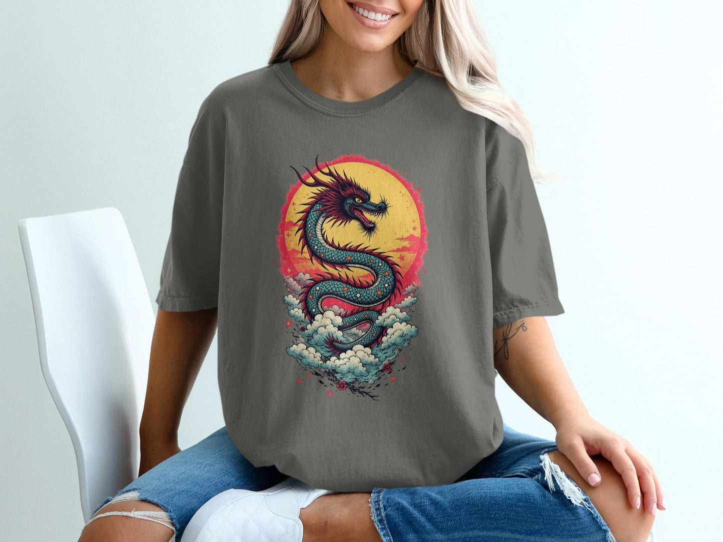 Dragon in front of the sun on a Blue Shirt Graphic T-Shirt - IconVexa