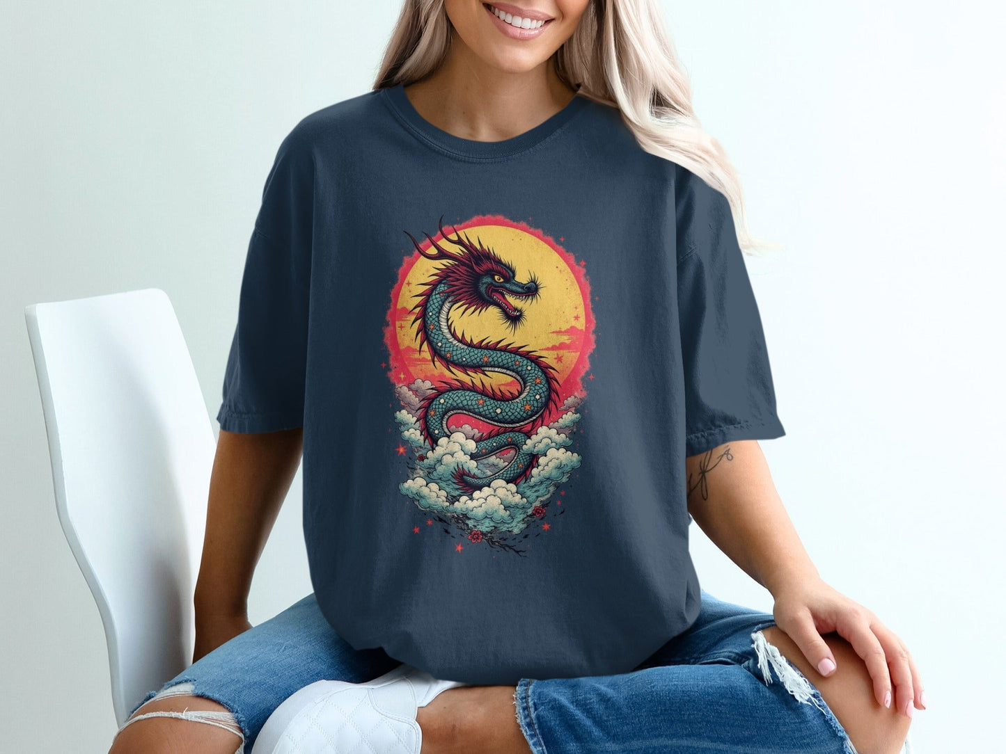 Dragon in front of the sun on a Blue Shirt Graphic T-Shirt - IconVexa
